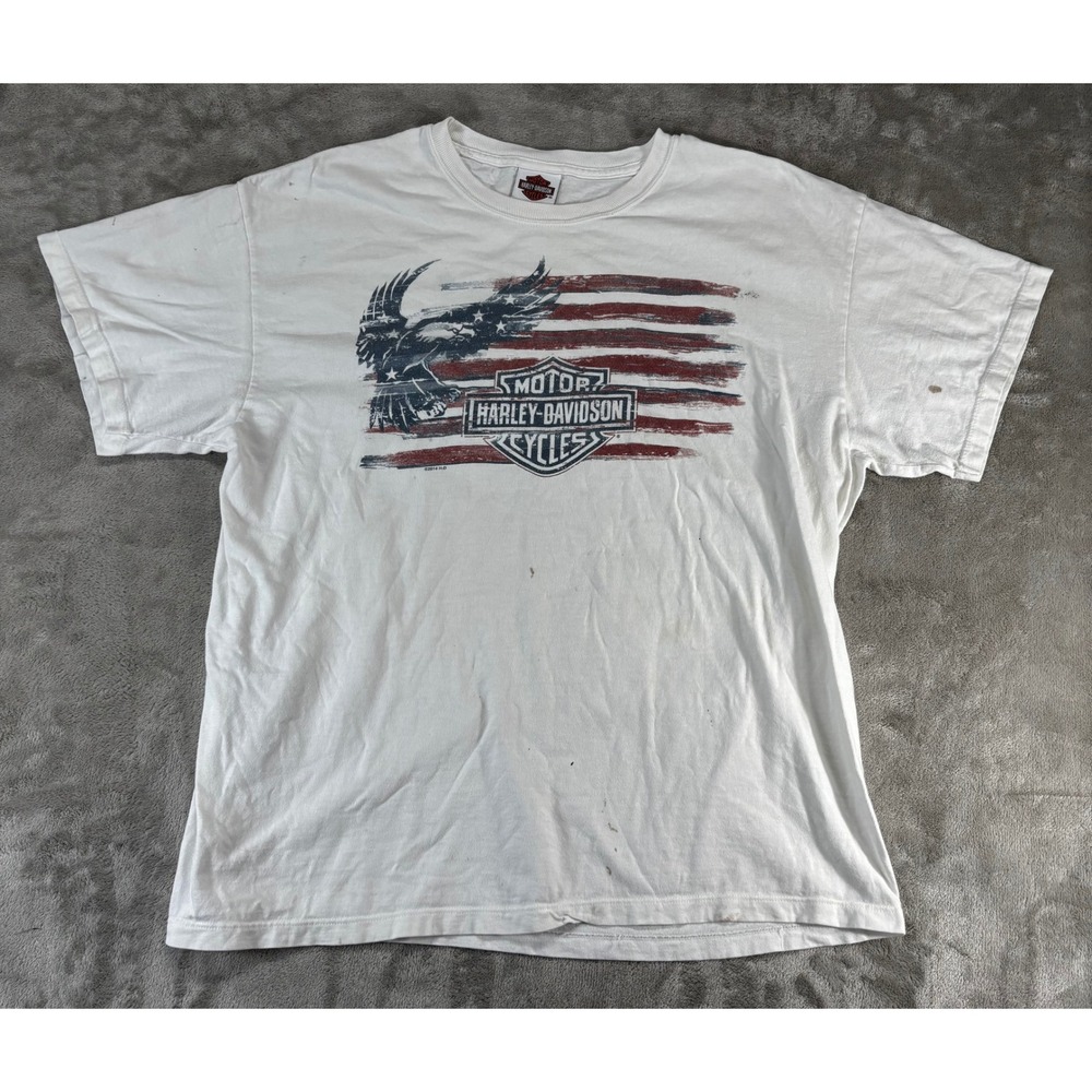 VTG Harley-Davidson T-Shirt Mens XL White Eagle Flag Sauk Prairie WI USA Made